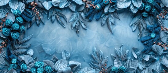 Knitted background with blue foliage and garland in angora yarn - obrazy, fototapety, plakaty
