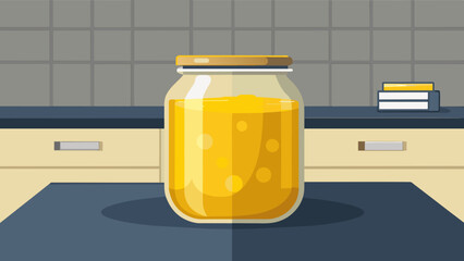  A glass jar filled with creamy golden ghee stands prominently on a kitchen counter. This clarified butter revered in Ayurveda for its healing - obrazy, fototapety, plakaty