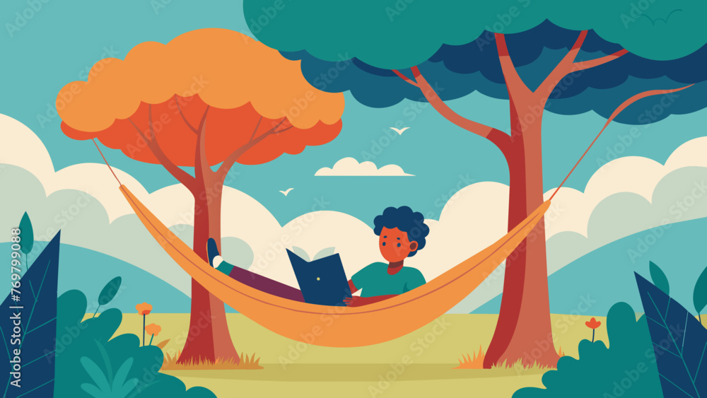 Poster a person lying in a hammock under the shade of a large tree reading a book on natural healing and se