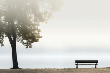Lonely bench and tree overlooking a misty lake, tranquil and minimalistic