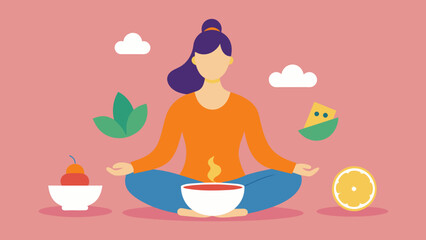  A person seated in lotus pose with cups of herbal tea and a bowl of fruit beside them embodying the holistic approach of incorporating yoga and - obrazy, fototapety, plakaty