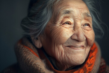 Portrait of elderly Asian woman smiling gently, warm light on face