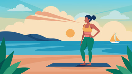 Obraz na płótnie Canvas A woman in workout clothes with a yoga mat standing on a peaceful beach with a rising sun in the background capturing the start of a morning