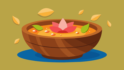  A wooden bowl filled with water and floating flower petals used in Thai traditional healing ceremonies known as Luk Pra Kob. - obrazy, fototapety, plakaty