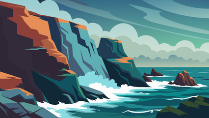  A rocky shoreline with waves crashing against the cliffs and creating a sense of awe and balance between the forces of nature.