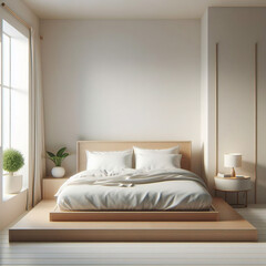 Pared marr&oacute;n beige en blanco en un dormitorio moderno y lujoso a la luz del sol desde las persianas, cama de madera, manta gris, almohada, mesita de noche en el suelo de parquet para decoraci&oacute;n.