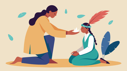  A traditional healer kneels in front of a patient using a feather to perform a healing feathertouch ritual. The gentle touch and energy