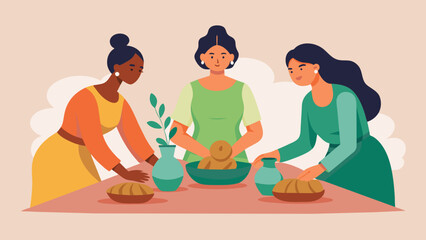  A group of women sitting around a table rolling and shaping clay into various forms. This is part of a healing ceremony where the clay is used