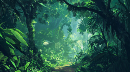 Paisagem floresta tropical verde - Ilustração - obrazy, fototapety, plakaty