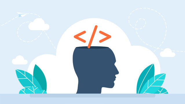 Human head silhouette with programming icon inside. Web programming concept. Machine learning or innovation technology, graphic of AI head with programming script. Vector illustration