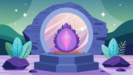  A large geode cracked open to reveal its glittering crystal interior sits on a pedestal in a room filled with plants and natural decor. Its - obrazy, fototapety, plakaty