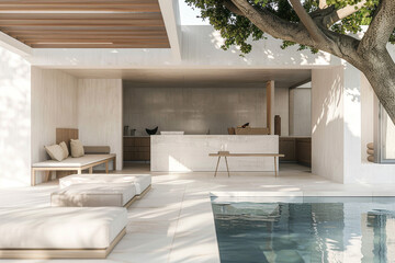 Elegant modern poolside kitchen, minimalist luxury villa design