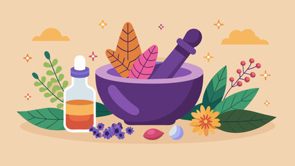  A mortar and pestle filled with dried flowers and herbs sitting next to a tray with an assortment of colorful crystals. - obrazy, fototapety, plakaty
