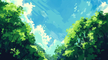 Fototapeta na wymiar Paisagem floresta verde e céu azul - Ilustração 