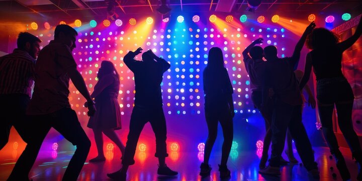 Silhouettes of people dancing under disco lights at a nightclub. 