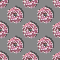 Repeating pattern of pink donuts with marshmallows on a gray background. Flat lay