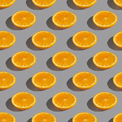 Seamless pattern of lemon or orange slices with shadow on a gray background. Flat layout