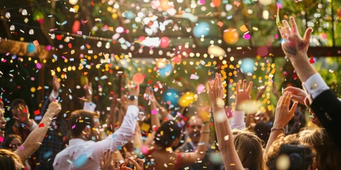 Confetti falling as guests celebrate at a wedding reception.  - obrazy, fototapety, plakaty