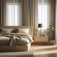 Pared marrón beige en blanco en un dormitorio moderno y lujoso a la luz del sol desde las persianas, cama de madera, manta gris, almohada, mesita de noche en el suelo de parquet para decoración.
