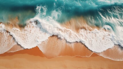 Fototapeta na wymiar Aerial view of the ocean waves crashing against brown sand, creating dynamic patterns and textures. 