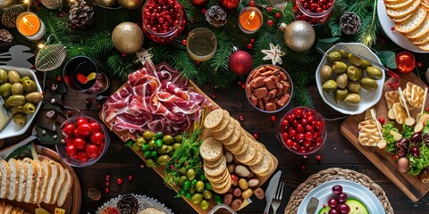 A festive table spread with appetizers and drinks at a holiday party.