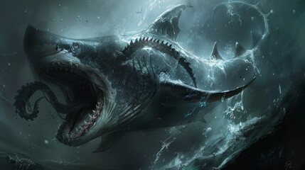 A prehistoric megalodon shark with gaping jaws bursts forth from the dark abyss, as light dances off its massive form.