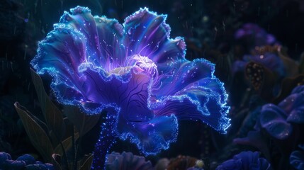 An abyssal flower exhibits its iridescent petals in a captivating display of undersea flora in the tranquil depths of the ocean.