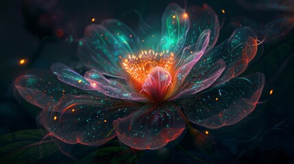 A luminous fantasy flower sparkles with radiant colors, its delicate petals dusted with star-like flecks, nestled in a mystical forest.
