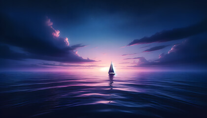 A sailboat journeying through a vast and tranquil ocean as the sun sets, casting a breathtaking array of colors across the sky and the calm 
