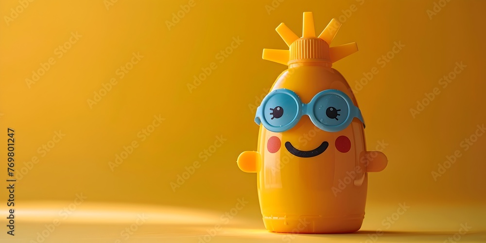 Poster a bright and cheerful sunscreen bottle character with a friendly expression and a sun-like shape on 