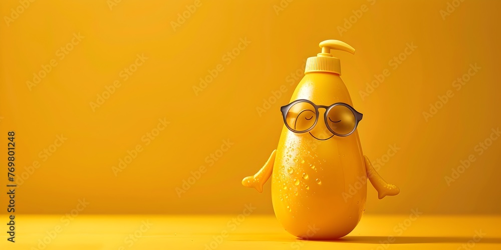 Poster an illustrated sunscreen bottle character with a funny whimsical design the character is shielding i
