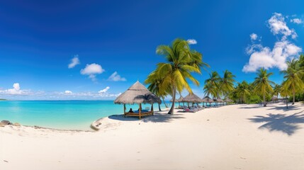 Panorama beautiful beach with white sand, turquoise ocean, and blue sky with clouds on a Sunny day. Summer tropical landscape with green palm trees and Straw umbrellas with empty copy space.