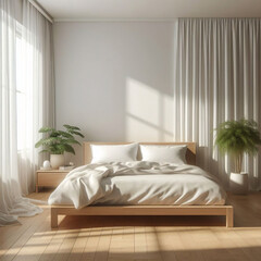 Fototapeta na wymiar Pared marrón beige en blanco en un dormitorio moderno y lujoso a la luz del sol desde las persianas, cama de madera, manta gris, almohada, mesita de noche en el suelo de parquet para decoración.
