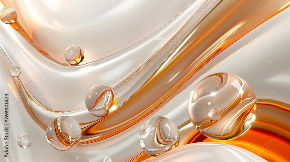 Poster 3d abstract background with white and orange elements. white glossy waves with orange glass spheres.