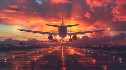Portrait of a big airliner with its landing gear down and setting off at dusk from an airfield runway and space for advertise, Generative AI. - obrazy, fototapety, plakaty