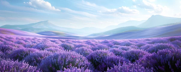 Rolgordijnen Lavender field over hills with clear skies. Landscape view of full bloom lavender flower. Generative AI © Wida