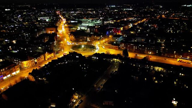 Time Lapse Night Aerial Footage of Illuminated Central Cambridge City of England UK