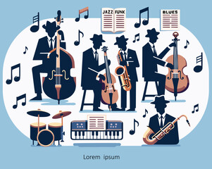 Jazz orchestra vector illustration. Jazz band perform music