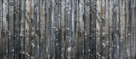 Fototapeta premium Vertical wooden fence made from rough grey planks with cracks, nails, and scratches. Old horizontal wood texture.