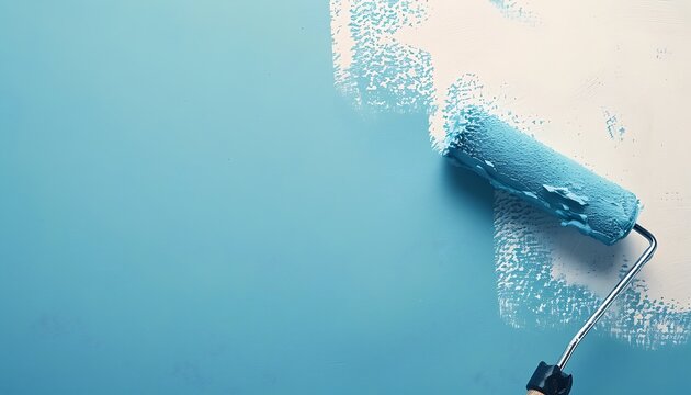Close-up of a freshly painted blue wall with a paint roller in a room undergoing renovation