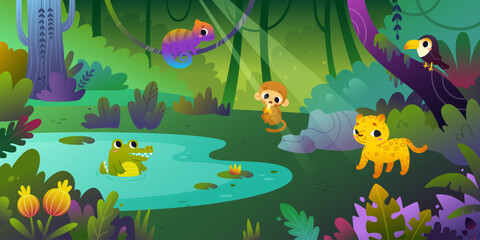 Cartoon jungle landscape with cute animals. Bright vector rainforest background for kids with baby animals.