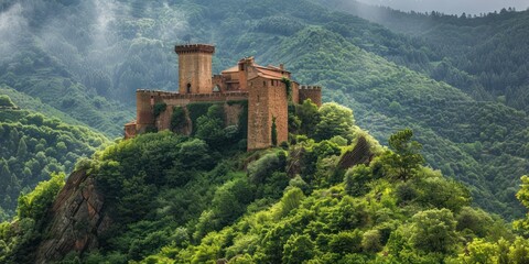 An ancient castle perched on a hilltop, surrounded by lush greenery. 