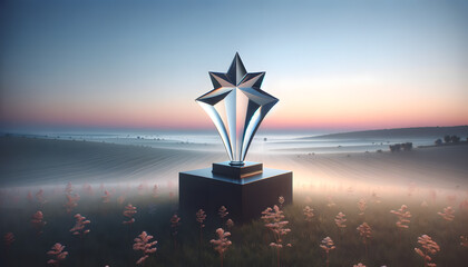 A trophy star stands illuminated in a misty field at dawn. - obrazy, fototapety, plakaty