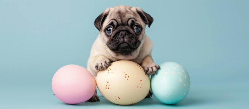 Pug puppy with colorful Easter eggs - Cute pug puppy surrounded by colorful Easter eggs on a teal background