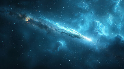 A bright comet with a glowing nucleus and tail streaks through the dark, star-filled space - obrazy, fototapety, plakaty
