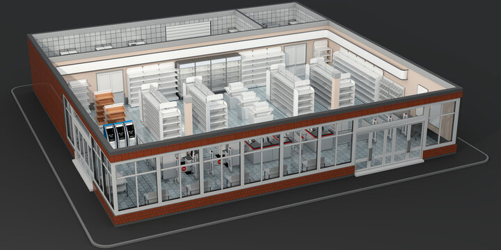 Isometric top view of supermarket interior with empty shelves. 3d illustration on black background
