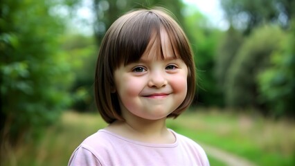 Smiling Girl With Down Syndrome, Bob Haircut, Outdoors