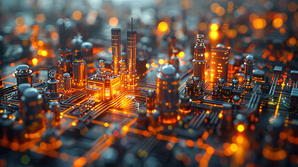 A futuristic cityscape seamlessly integrated with a complex circuit board, symbolizing the fusion of urban life and technology