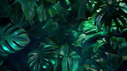  Tropical Summer Green Leaves with Neon Light Background