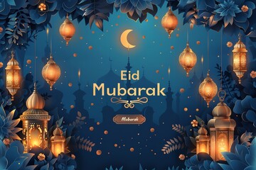 Social media banner for the Islamic holiday of Eid Mubarak, the Ramadan crescent moon, Ramadan Kareem and an isolated background for the Eid Mubarak post template, Generative AI.